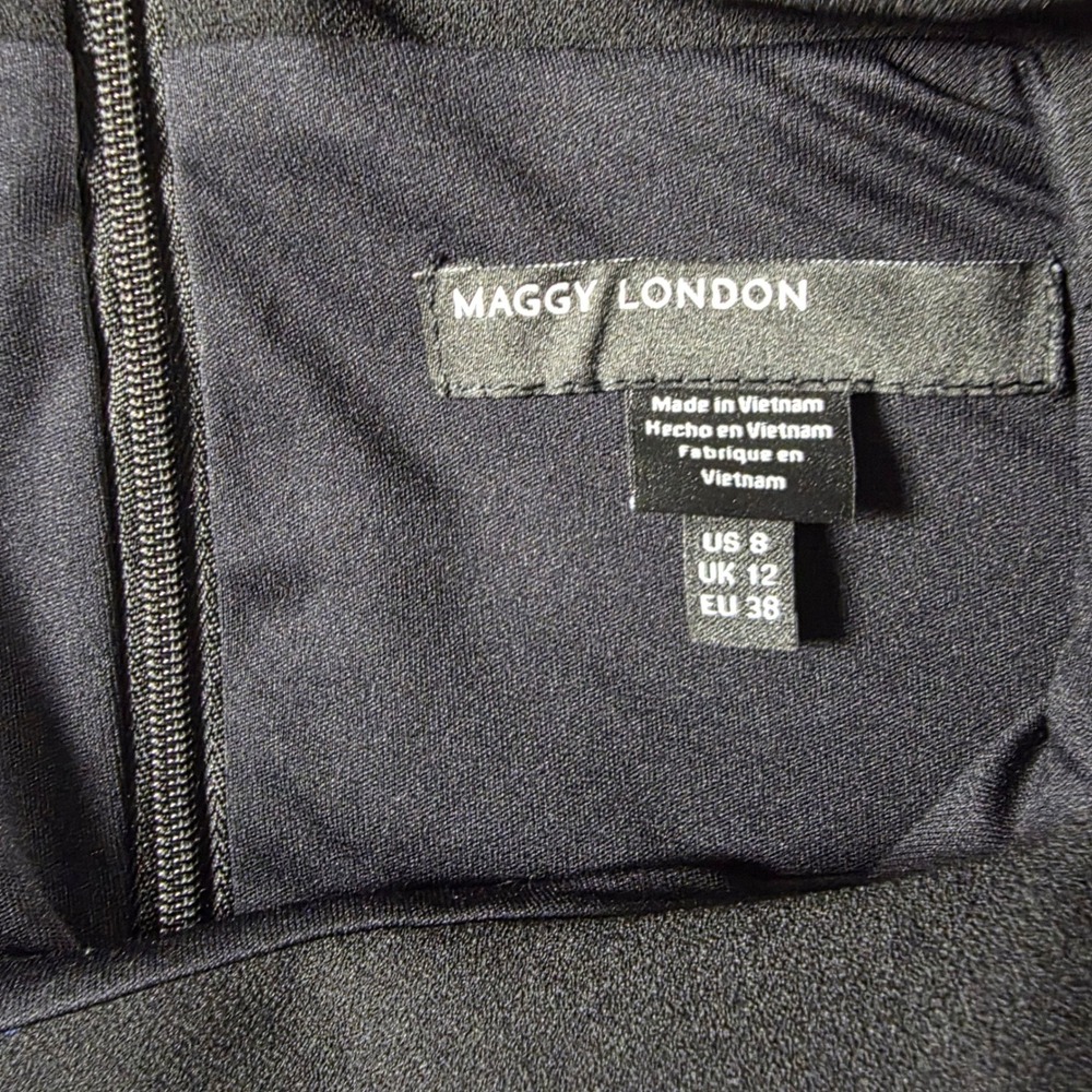Maggy London Black Tie Neck Midi Dress Short Puff Sleeve Fit Flare Size 8 NEW - Picture 5 of 6